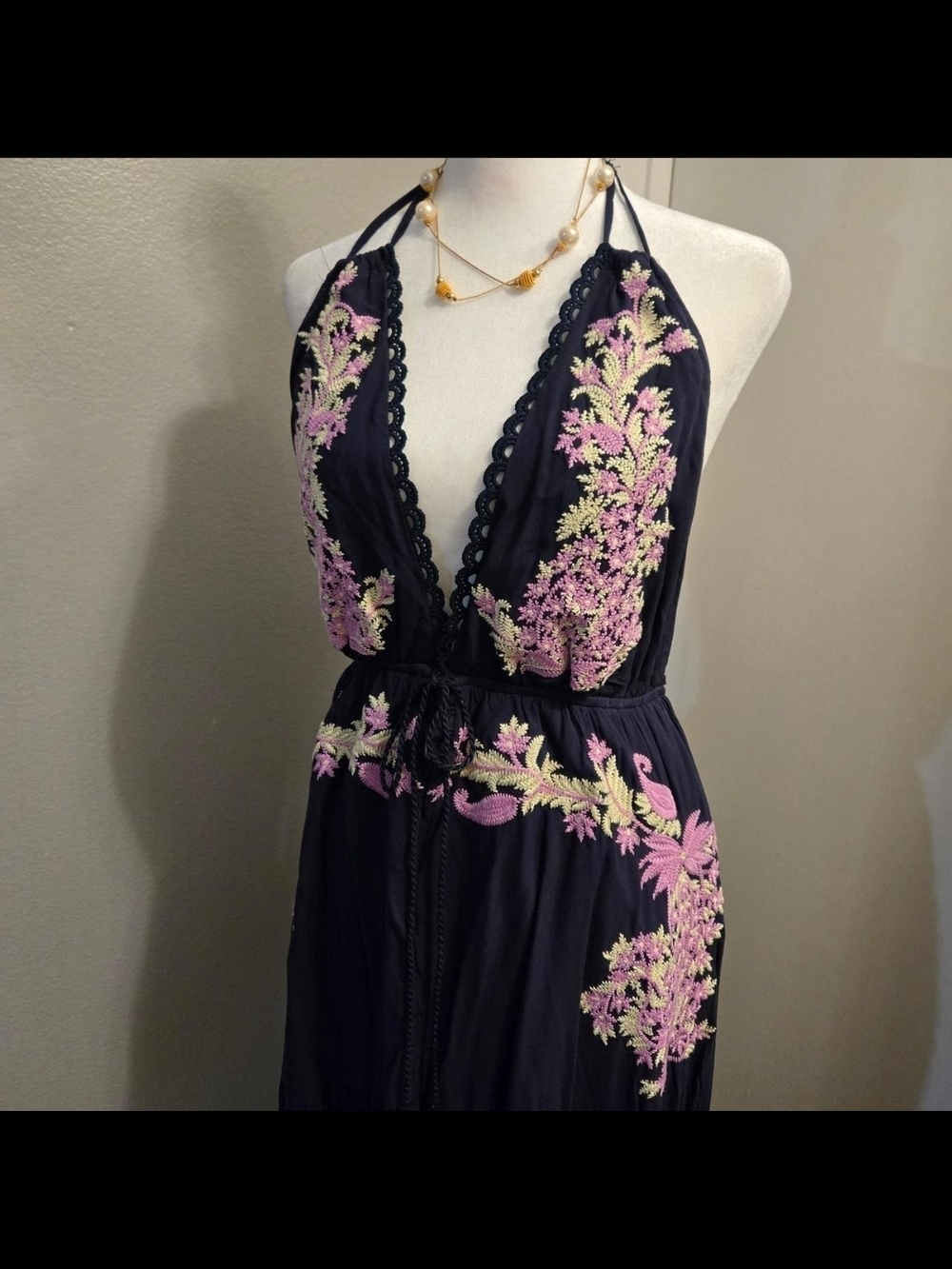 Navy Halter Maxi Dress with Pink Lavender Floral Embroidery Women Size M